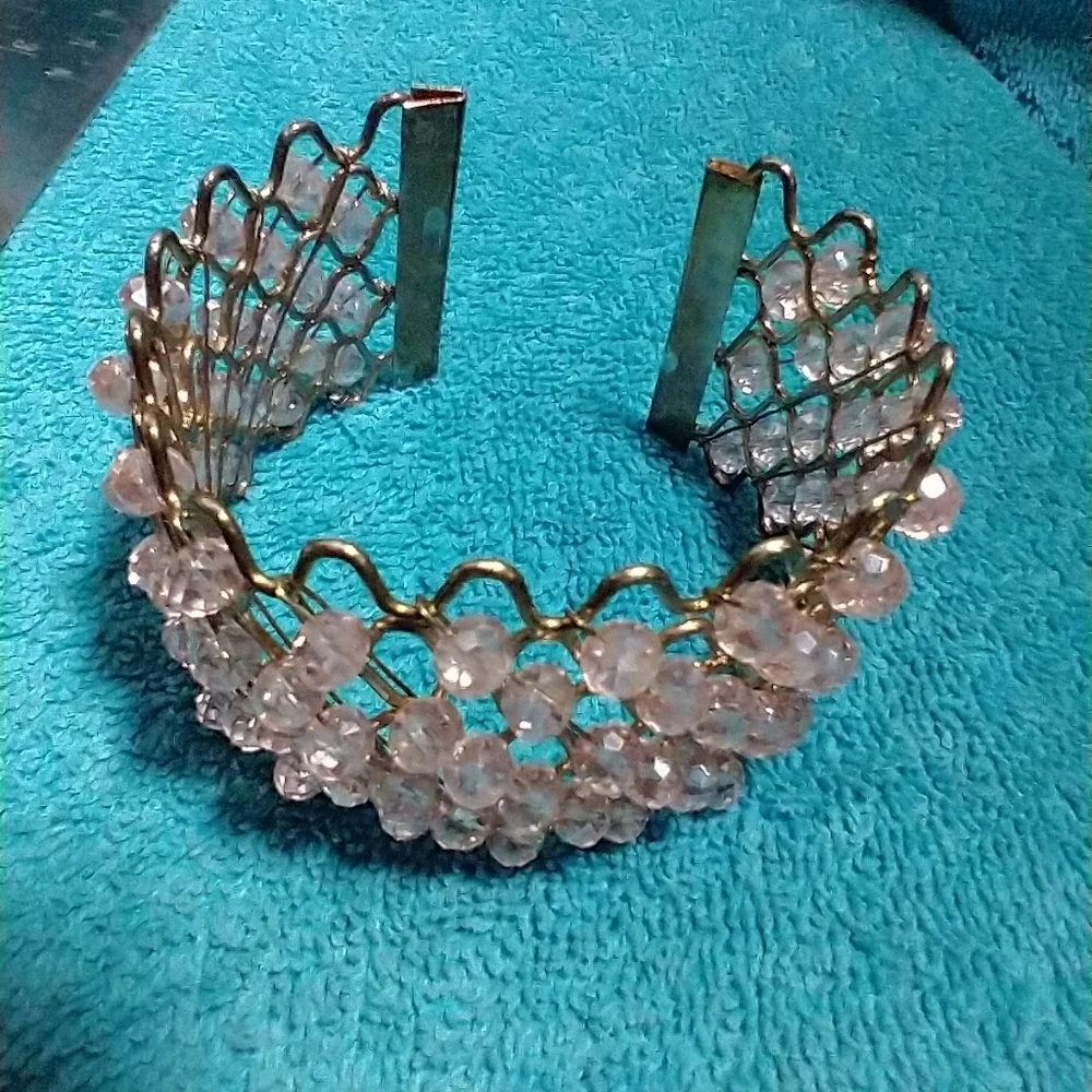 Elegant Pink Goldtone Faceted Beaded Crystal Mesh Weave Wire Wide Cuff Bracelet
